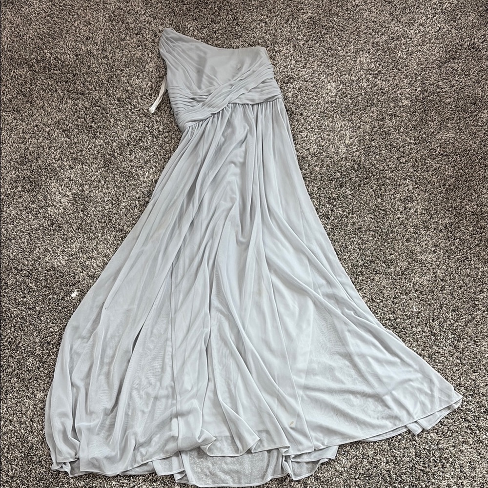 David’s bridal mesh one- shoulder dress with full skirt dusty blue
